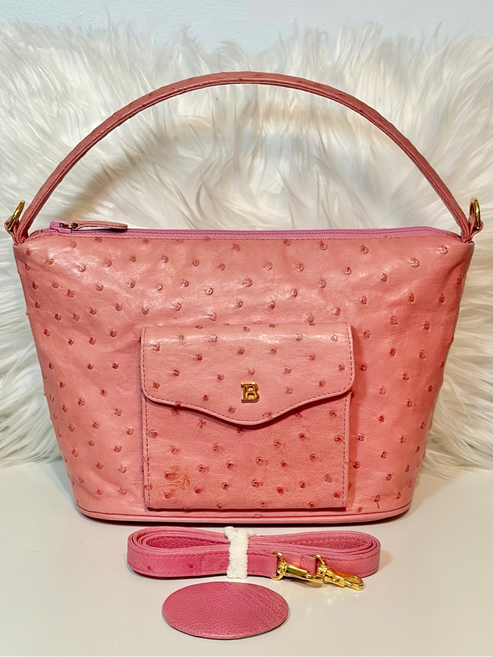 Vintage Bally Pink Ostrich Leather 2 way Top Handle Bag & Crossbody with Mirror